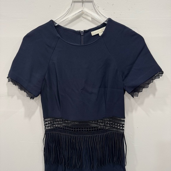 Jonathan Simkhai Navy Blue Black Crochet Fringe Fluted Dress Knee Length Size 2 - Picture 3 of 9